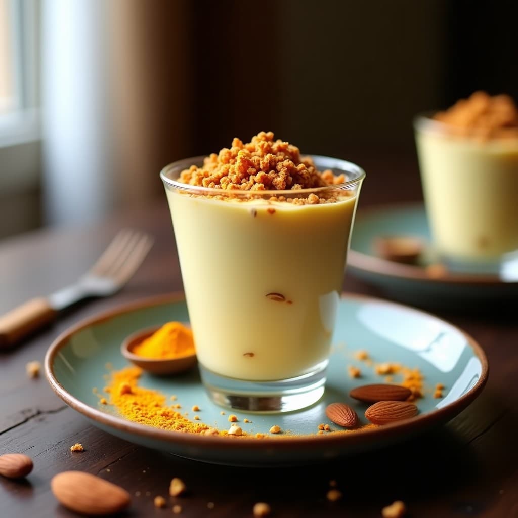 Copa de cristal transparente con mousse de chocolate blanco y cúrcuma de color crema dorado, coronada con crumble de almendras tostadas y doradas. Postre keto antiinflamatorio elegante y apetitoso.