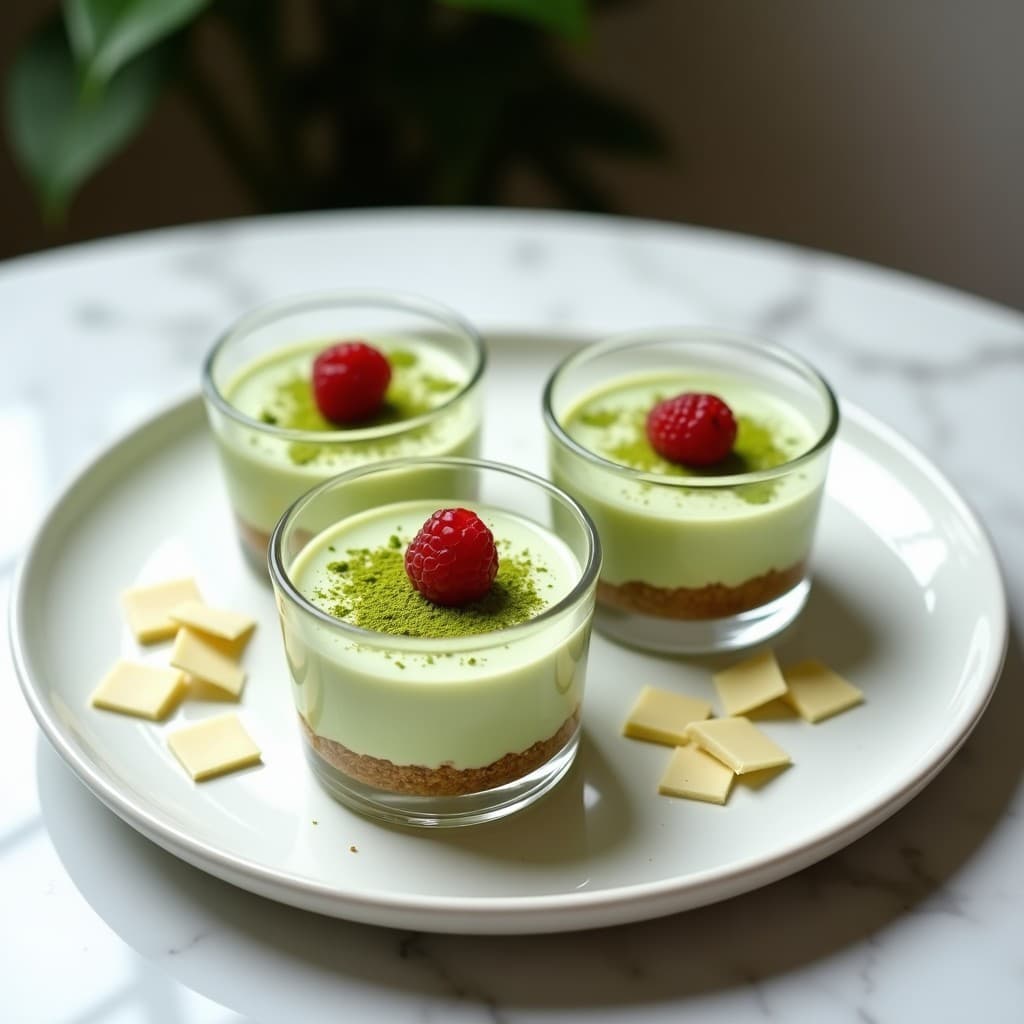 Mousse de chocolate blanco y matcha con base de galleta de arroz en moldes individuales, decorada con polvo de matcha verde sobre fondo blanco. Postre keto elegante y cremoso.