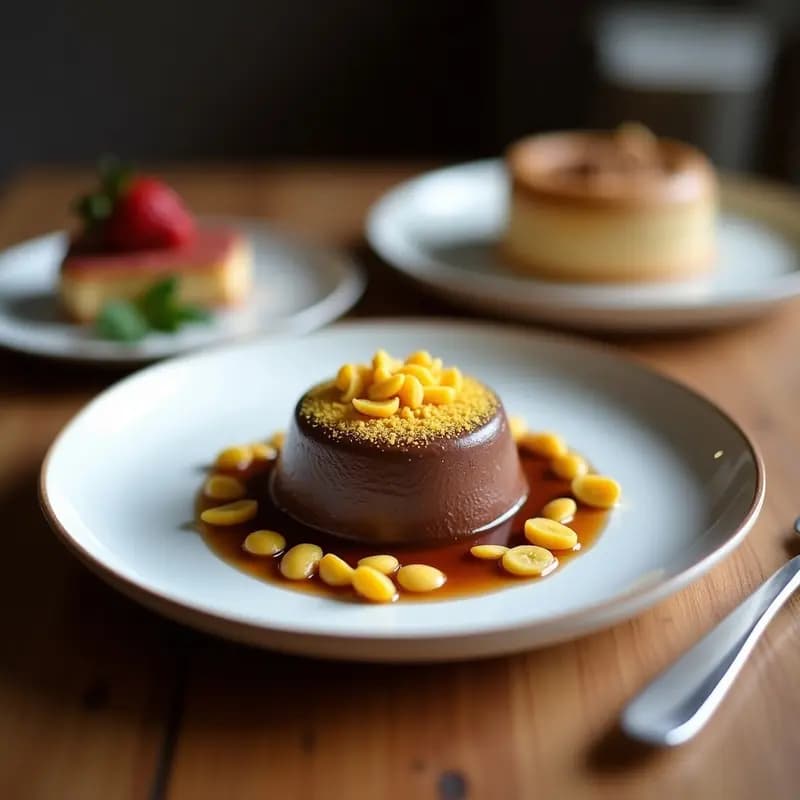 Copa de cristal transparente con mousse de chocolate negro y aquafaba, coronada con crujiente de almendras tostadas y espolvoreada con cacao en polvo, sobre un mantel negro con detalles dorados.