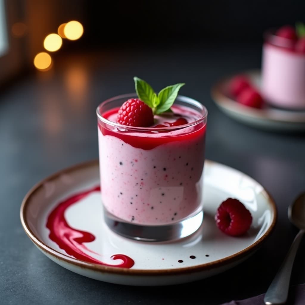 Copa de cristal elegante con mousse de frambuesa y semillas de chía, coronada con un swirl brillante de vino tinto reducido. Postre francés sin azúcar, textura aireada y decoración minimalista con hoja de albahaca.