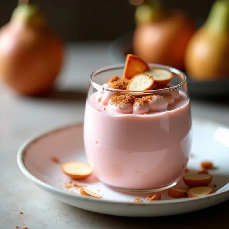 Copa de cristal transparente con mousse de guayaba de color rosado pálido, textura esponjosa y cremosa, decorada con almendras fileteadas y un toque de canela en polvo. Plato blanco de fondo con detalles rústicos.
