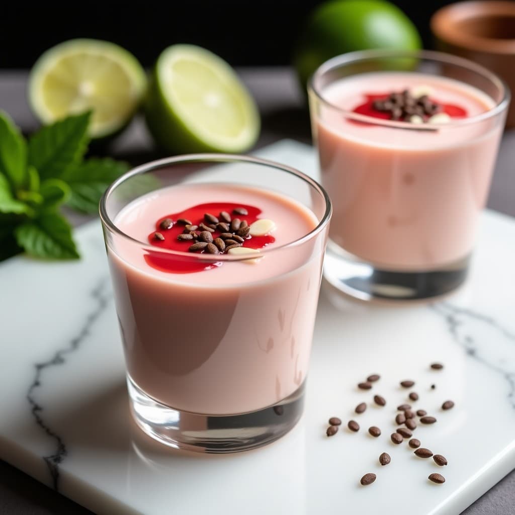 Copa de cristal transparente con mousse de guayaba y queso crema de anacardos, decorada con coco rallado y semillas de chía, sobre un mantel rústico de lino con hojas de menta y rodajas de guayaba fresca al lado.