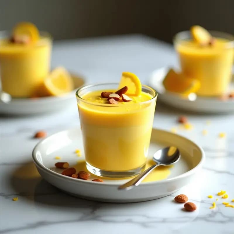 Copa de cristal transparente con mousse de limón y cúrcuma de color amarillo dorado, textura aireada y esponjosa, decorada con almendras fileteadas tostadas y ralladura de limón. Plato francés vegano sin lácteos sobre fondo blanco con luz natural.