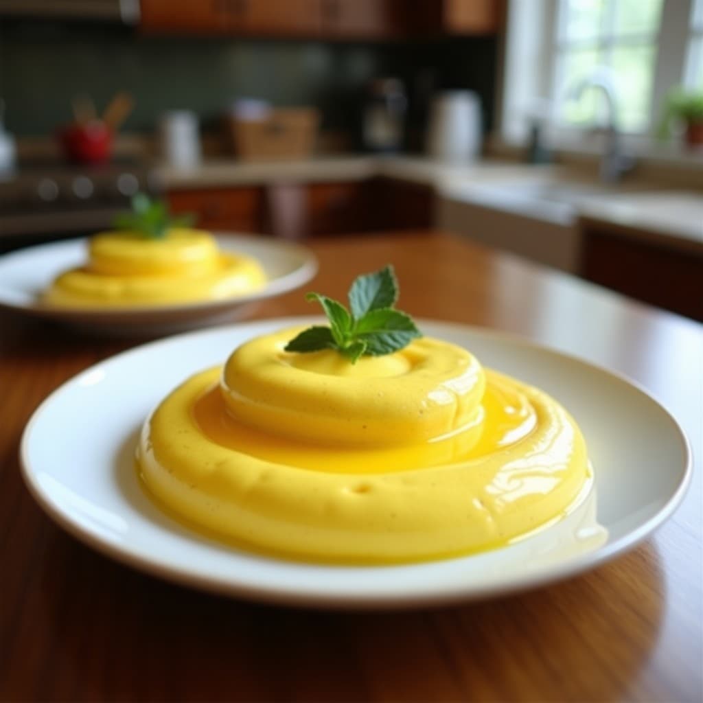 Copa de cristal transparente con mousse de limón y cúrcuma vegana, de color amarillo suave, decorada con almendras fileteadas y ralladura de limón sobre fondo blanco.
