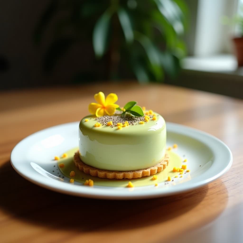 Postre cubano vegano: mousse cremosa de color verde claro y beige en capas, con base dorada de galletas de almendra, decorado con semillas de chía y ralladura de limón sobre un plato blanco rústico.