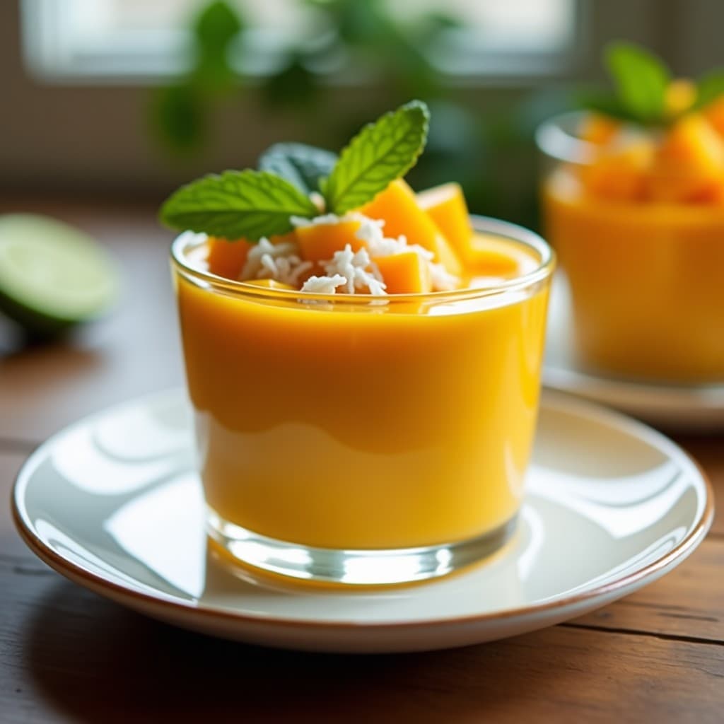 Copa de cristal transparente con mousse de mango y chía sin lácteos, decorado con trozos de mango fresco, coco rallado y hojas de menta, sobre una mesa de madera con luz natural.