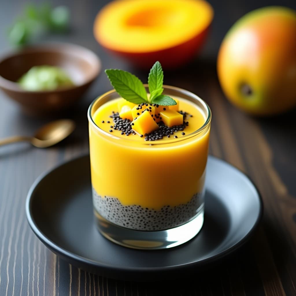 Copa de cristal transparente con mousse de mango y chía de color amarillo suave, decorada con trozos de mango fresco, semillas de sésamo negro y hojas de menta. Toque de wasabi visible en la superficie. Postre fusion japonesa elegante y fresco.