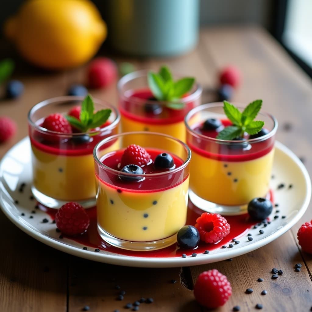 Copas de cristal con mousse de maracuyá y semillas de chía, cubiertas con un coulis brillante de frutos rojos. Postre brasileño sin lácteos, decorado con hojas de menta y trozos de frutos rojos frescos.