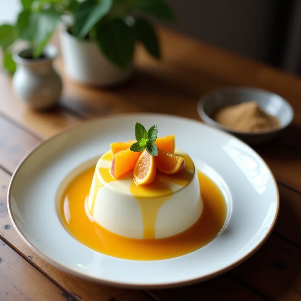 Copa de cristal transparente con mousse de maracuyá y leche de coco vegana, decorada con coco rallado y semillas de chía, sobre fondo blanco con hojas de menta.