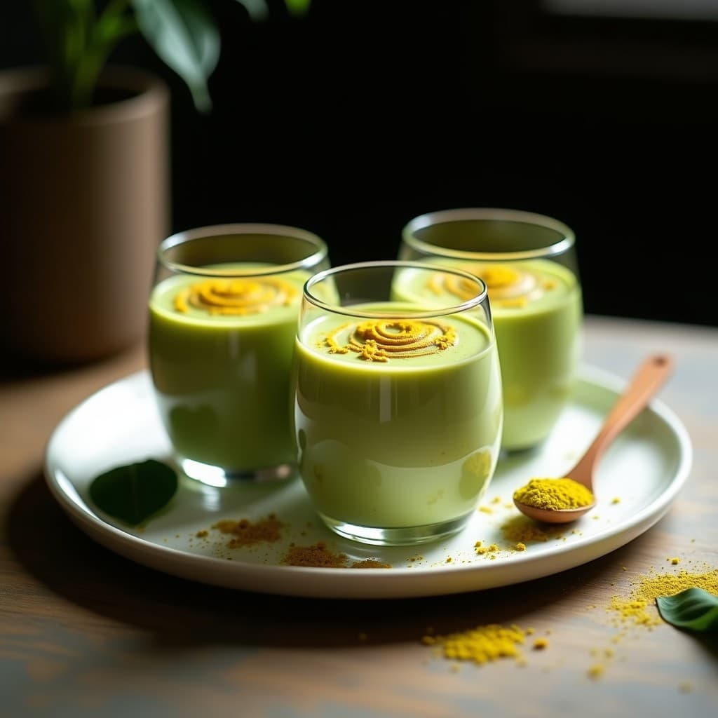 Copas de cristal transparente con mousse de matcha y cúrcuma vegana, color verde pálido con toques dorados, decorada con espirales de matcha en polvo y láminas de coco tostado sobre fondo oscuro.