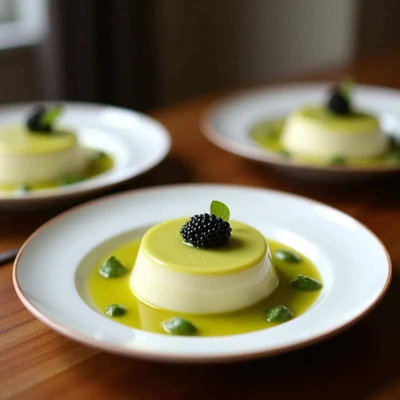 Copas de cristal transparente con mousse verde cremosa de pepino y aguacate, decorada con caviar de algas negro en el centro y eneldo fresco picado, servida sobre un mantel blanco con luz natural suave.
