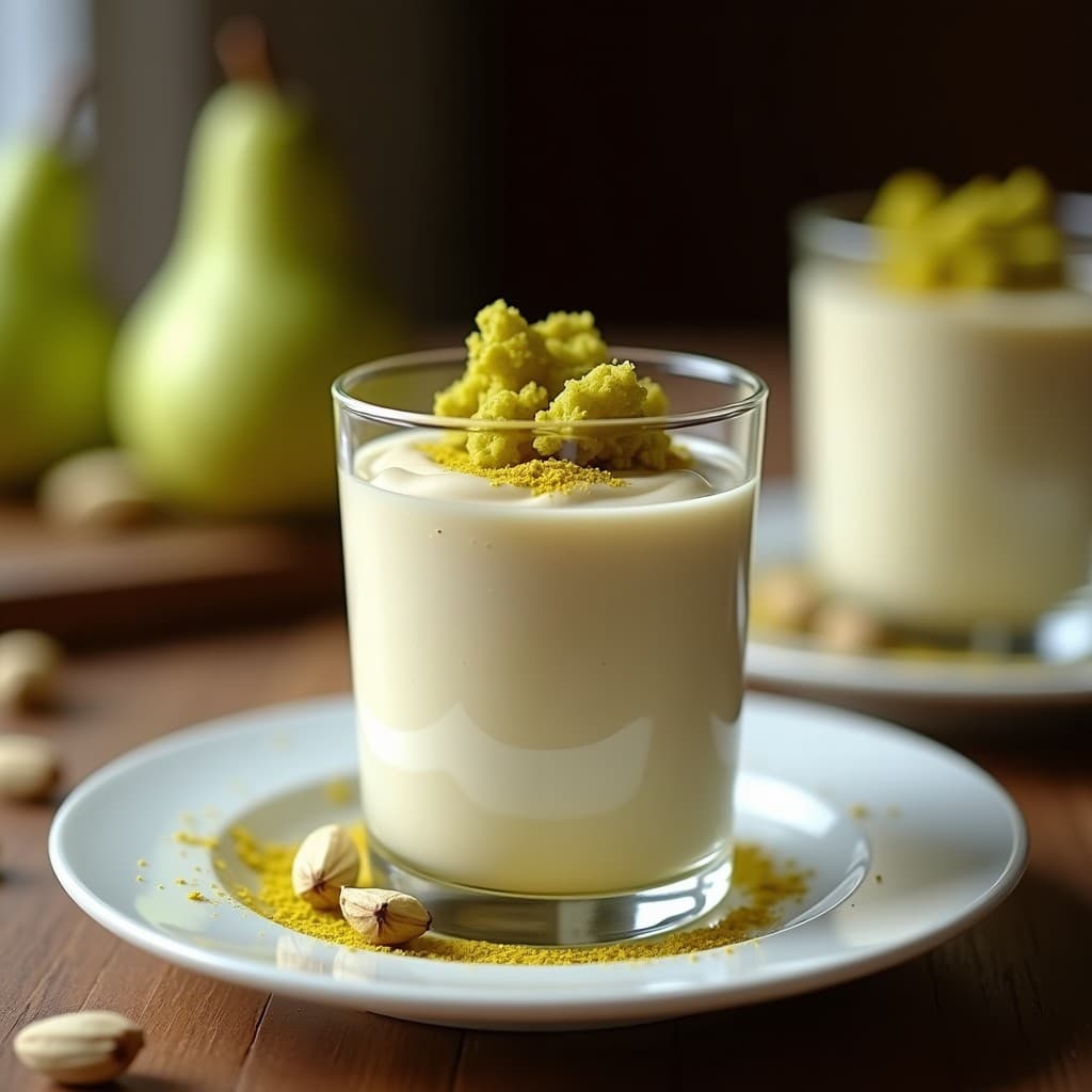 Copa de cristal transparente con mousse de pera Williams y cardamomo, textura aireada y color crema, coronada con crujiente de pistacho dorado y trozos irregulares. Postre francés sin lácteos elegante y sofisticado.