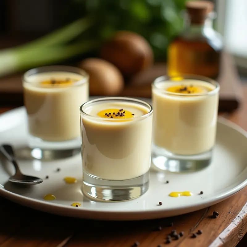 Copas de cristal transparente con mousse de puerro y patata vegana, coronada con aceite de trufa negra y decorada con rodajas finas de puerro, sobre un mantel blanco rústico.