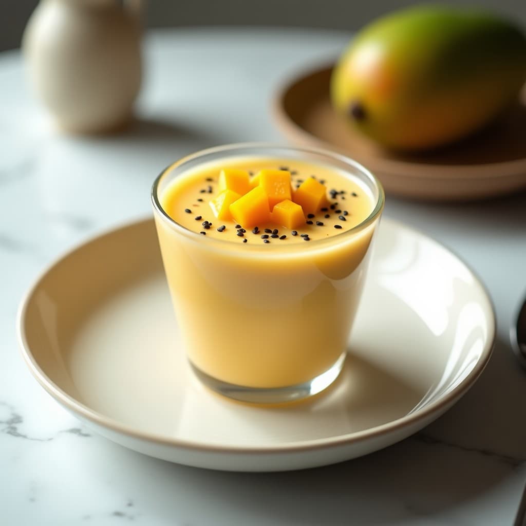 Copa de cristal transparente con mousse de wasabi y mango sin azúcar, textura aérea y ligera, decorada con cubos de mango fresco y semillas de sésamo negro tostadas. Fondo minimalista con tonos claros.