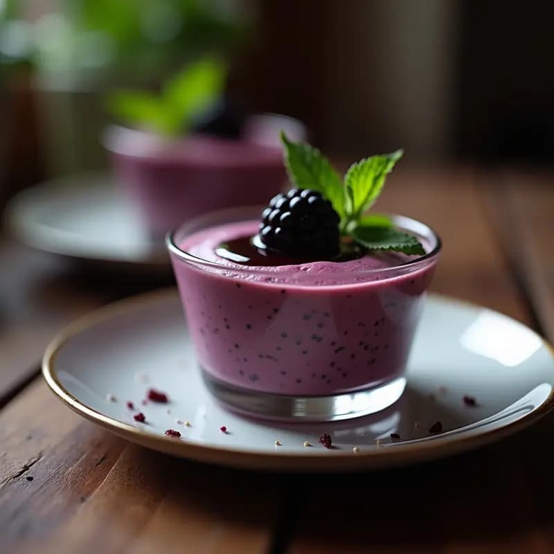 Copa de cristal transparente con mousse de zarzamora y chía de color morado intenso, coronada con un hilo brillante de salsa de vinagre balsámico y zarzamora, decorada con hojas de menta fresca sobre un fondo rústico de madera oscura.