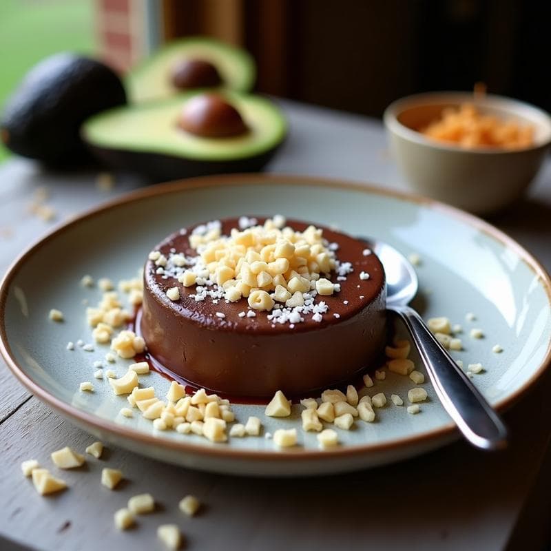 Copa de cristal transparente con mousseline de chocolate negro y aguacate, textura sedosa y color oscuro, decorada con virutas de coco blancas en la parte superior. Fondo borroso con ingredientes como aguacate, chocolate y coco.