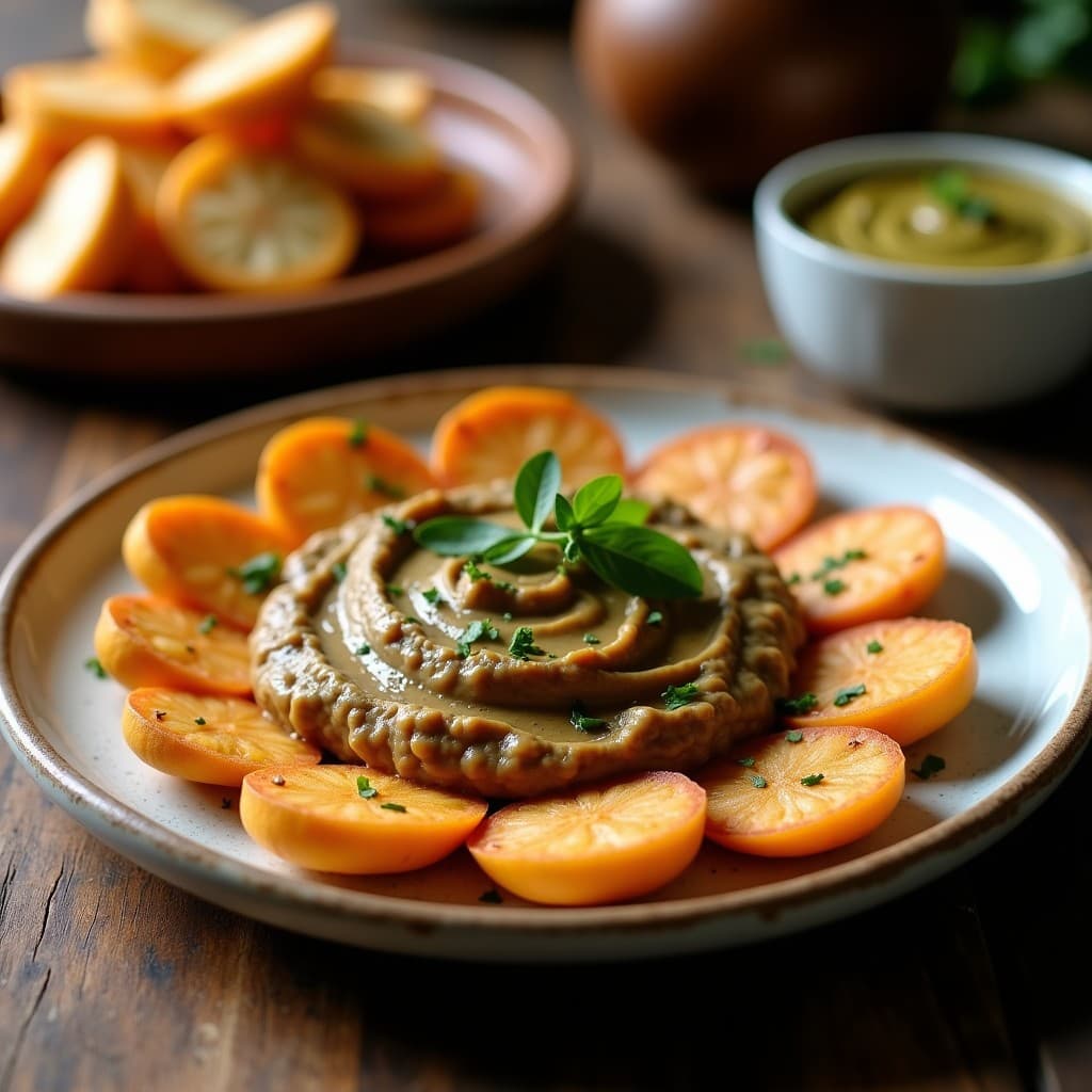 Bol blanco de cerámica con mousseline de garbanzos y berenjena ahumada, dip cremoso de color beige con vetas oscuras, decorado con aceite de oliva, aceite de sésamo y cebollino picado. Acompañado de rodajas de apio, zanahoria y pan tostado sobre una tabla de madera rústica.