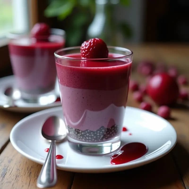 Vaso transparente con capas de mousseline cremosa de zarzamora y chía, coronada con un coulis brillante de frambuesa. Postre francés sin azúcar, servido con una cuchara de metal y frambuesas frescas alrededor.