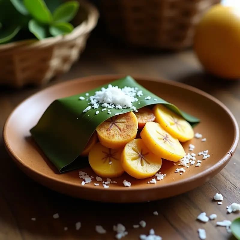 Plato rústico de madera con Mporte de Yuca y Plátano Macho envuelto en hojas de bijao, abierto para mostrar la yuca cremosa y el plátano macho caramelizado con coco rallado, postre colombiano tradicional sin lácteos.