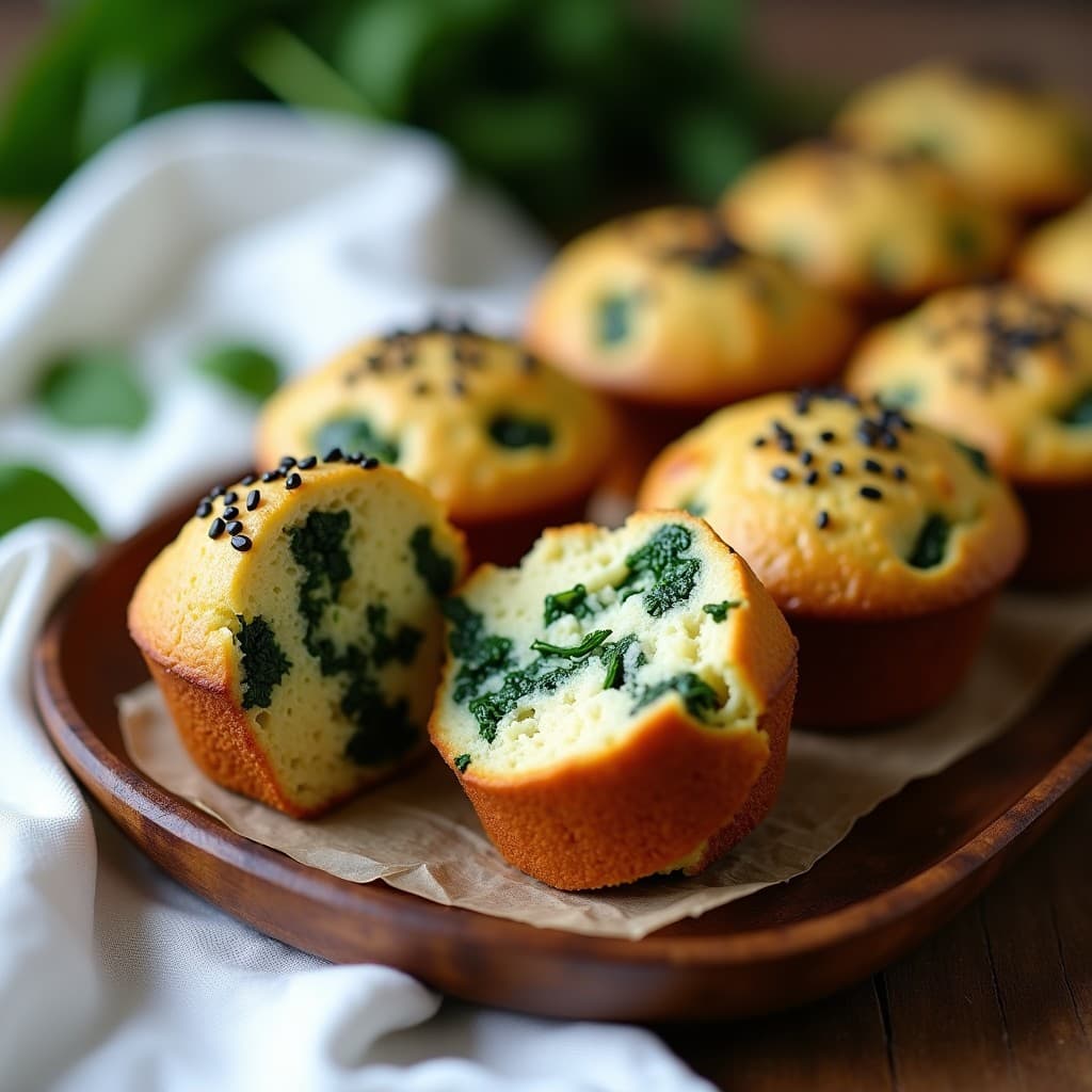 Muffins salados dorados con textura esponjosa, rellenos de espinacas verdes y trozos de queso de cabra blanco, coronados con semillas de amapola negras. Presentados en una fuente de madera rústica sobre un mantel de lino beige, con un fondo desenfocado de cocina natural.