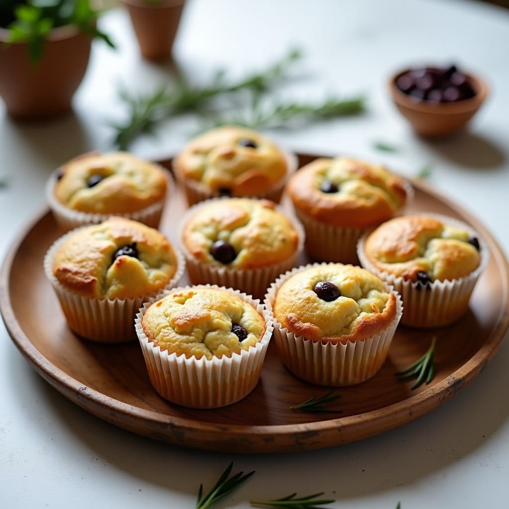 Muffins salados dorados de alcachofa y aceitunas en molde de papel, con trozos visibles de queso feta y hierbas frescas, sobre tabla de madera rústica.