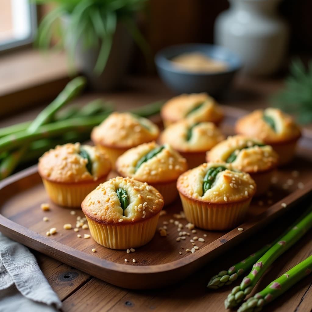 Muffins salados keto dorados con harina de almendra y espárragos trigueros, decorados con semillas de sésamo tostadas, servidos en una bandeja de madera rústica con fondo desenfocado.