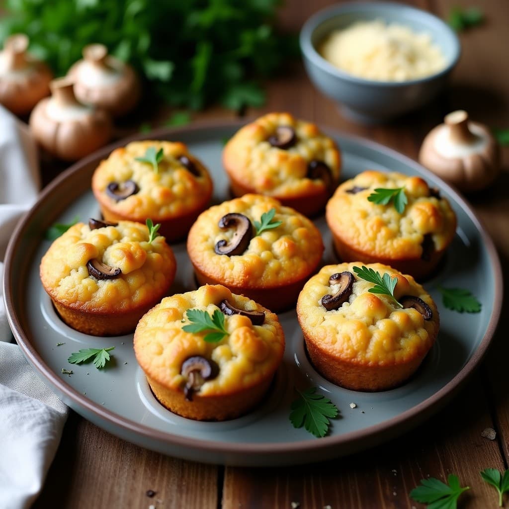 Muffins dorados de arroz salvaje y champiñones al ajo servidos en molde de silicona, con trozos de champiñones y nueces visibles en su interior, sobre una mesa de madera rústica con hojas de perejil fresco.