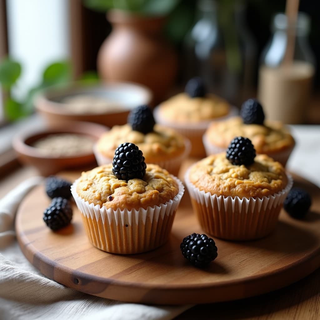 Muffins dorados de avena y zarzamora con semillas de lino, sin gluten y sin azúcar, servidos en cápsulas de papel sobre una tabla de madera rústica con zarzamoras frescas alrededor.