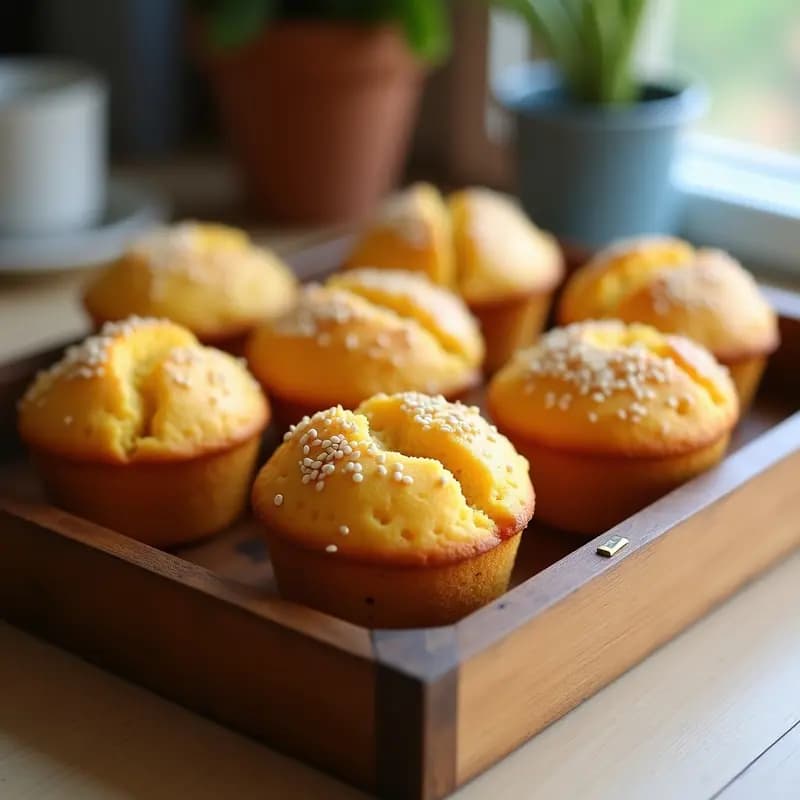 Muffins dorados de batata amarilla con topping crujiente de semillas de sésamo, servidos en una bandeja de madera rústica con fondo desenfocado. Receta de desayuno sin harina, saludable y esponjosa.