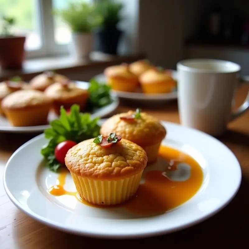 Muffins dorados de batata y bacon de tempeh veganos servidos en cápsulas de papel, con textura esponjosa y trozos visibles de tempeh ahumado, sobre una tabla de madera rústica.