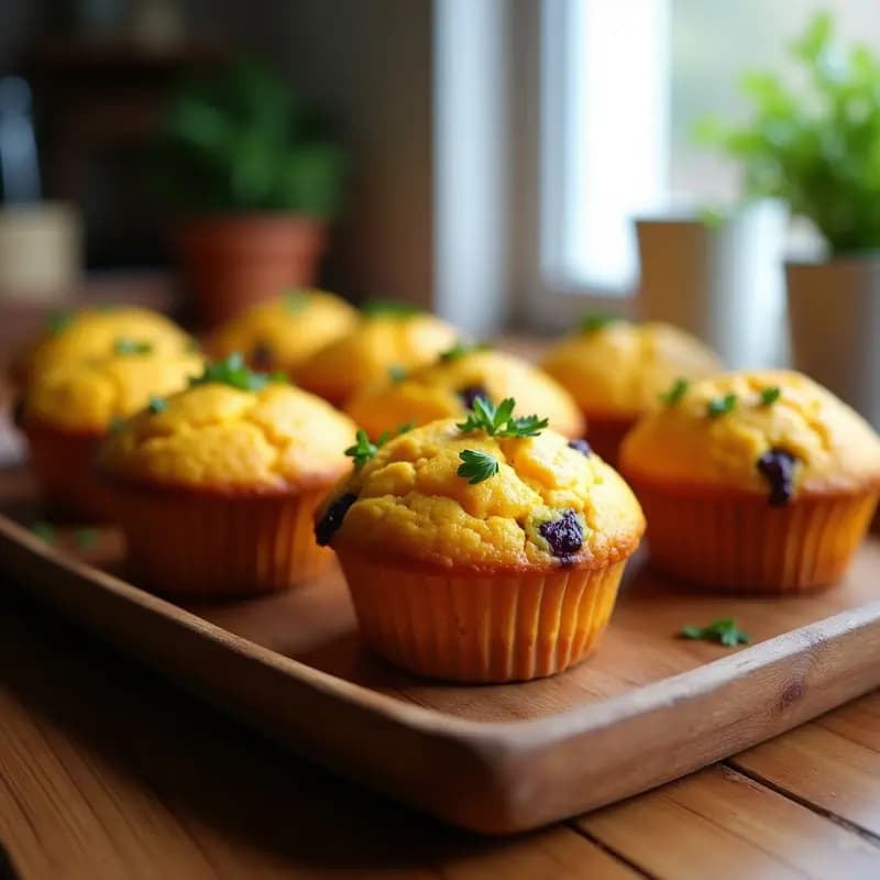 Muffins salados dorados con trozos de batata morada y queso de cúrcuma, servidos en una bandeja de madera rústica con perejil fresco espolvoreado. Desayuno sin gluten, colorido y apetitoso.