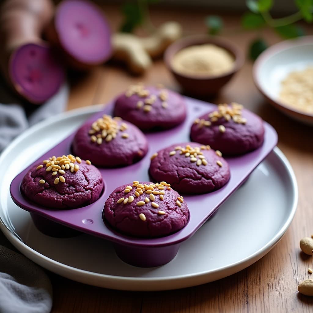 Muffins keto de batata morada y semillas de sésamo en molde de silicona, con textura esponjosa y semillas tostadas doradas en la superficie. Plato de fondo rústico con ingredientes dispersos: batata morada, semillas de sésamo y harina de almendra.