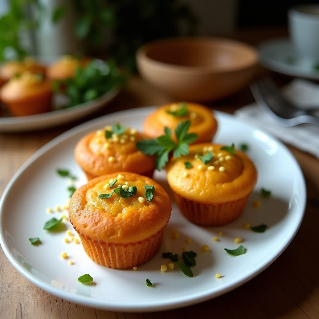 Muffins dorados de batata naranja con semillas de loto tostadas en la superficie, servidos sobre una tabla de madera rústica con una taza de té chai al fondo. Receta de desayuno chino sin gluten y rico en fibra.