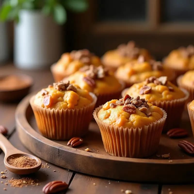 Muffins dorados de batata y pecanas con glaseado de canela en cápsulas de papel rizado, dispuestos en una bandeja de madera con pecanas enteras y una pizca de canela espolvoreada, desayuno sin gluten.