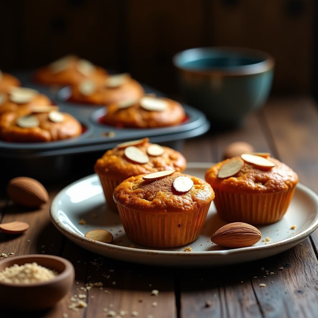 Muffins dorados de boniato y canela con topping crujiente de almendras fileteadas y nuez moscada rallada, servidos en molde de papel sobre tabla de madera rústica. Receta de desayuno africano sin azúcar.