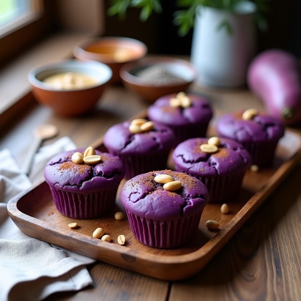 Muffins de boniato morado y tahini dispuestos en una bandeja de madera rústica, con textura esponjosa y decorados con cacahuetes picados y un toque de canela. Fondo borroso con ingredientes como tahini, semillas de chía y boniato morado.