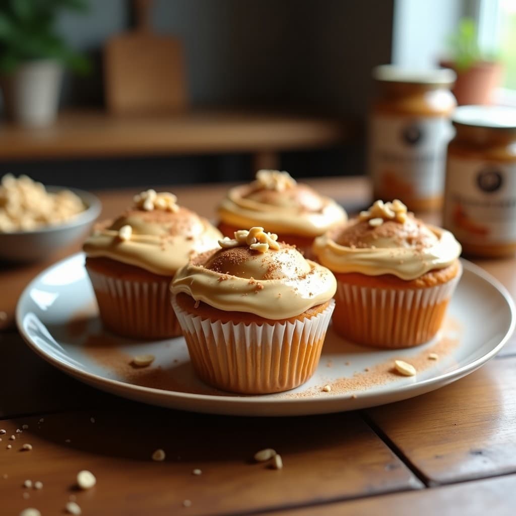 Muffins dorados de boniato y proteína de guisante con frosting cremoso de cacahuete, servidos en capacillos de papel sobre una tabla de madera. Desayuno keto sin gluten con textura esponjosa y decoración rústica.