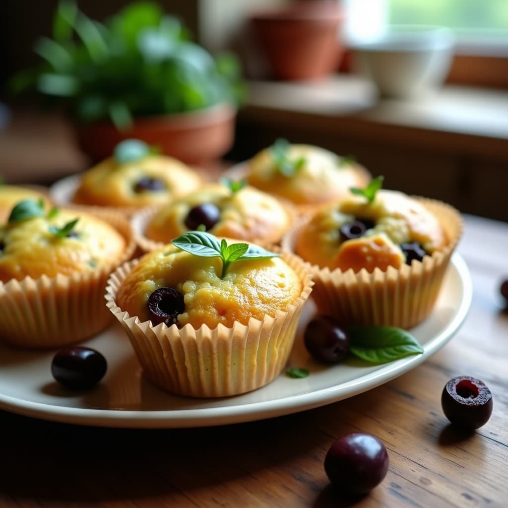 Muffins dorados de calabacín y aceitunas kalamata keto en molde de papel, con textura esponjosa y trocitos de aceituna visibles. Snack saludable para tupper.