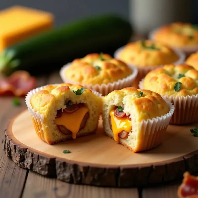 Muffins salados dorados en molde de papel, con centro de queso cheddar derretido y filante, trozos de bacon visibles y perejil fresco por encima. Receta fitness de calabacín y bacon.