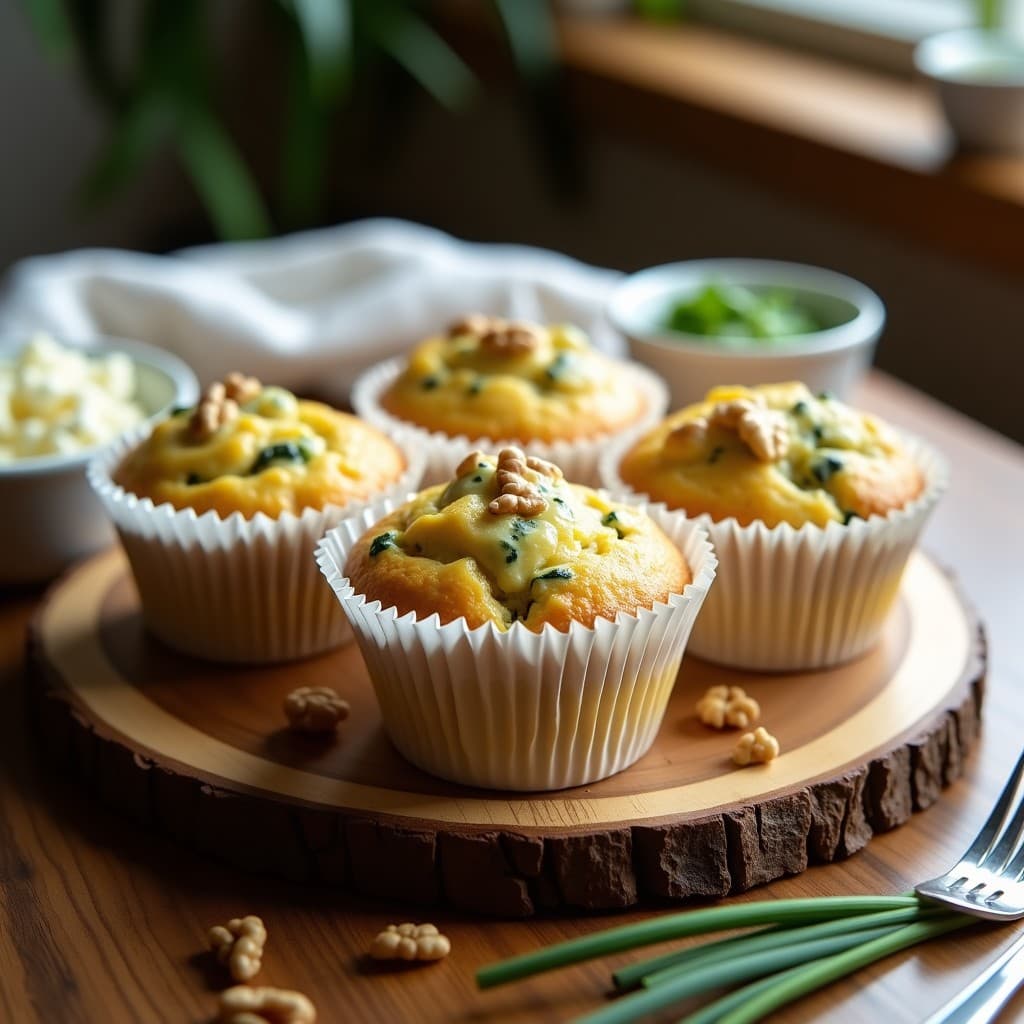 Muffins salados de calabacín y queso azul keto en molde de papel, dorados por fuera y esponjosos por dentro, con trocitos de nuez y queso azul derretido en la superficie. Receta sin harina en Thermomix.