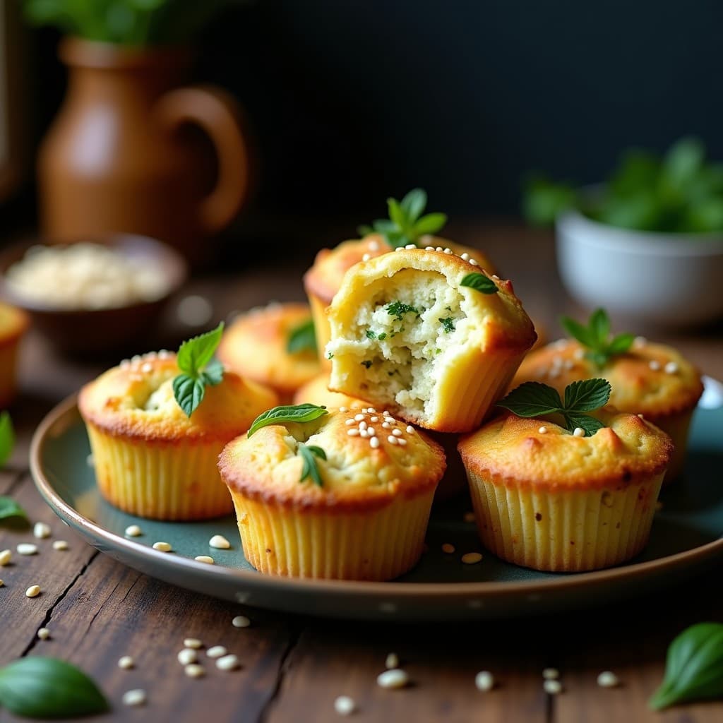 Muffins dorados de calabacín y queso de cabra con hierbas provenzales en molde de silicona, servidos en bandeja de madera con almendras fileteadas y hojas de albahaca fresca.