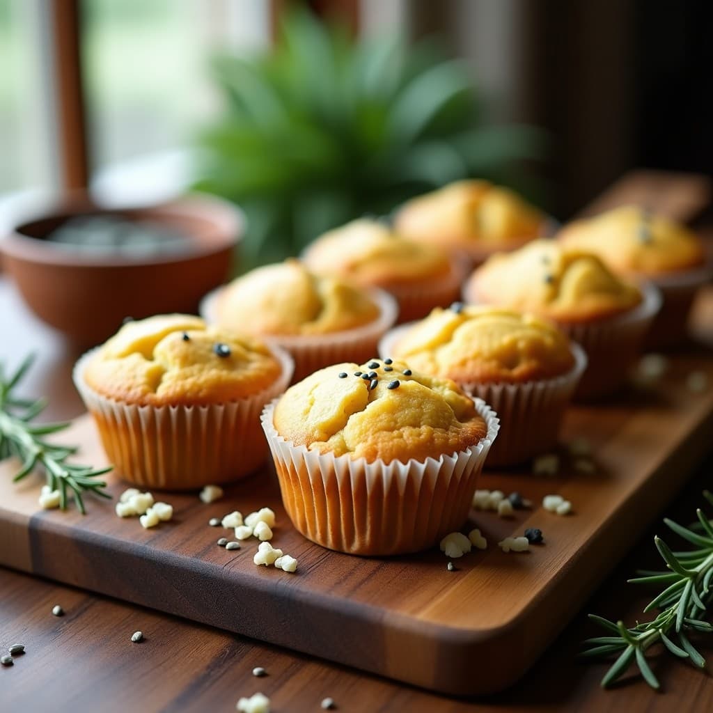 Muffins keto dorados de calabacín y queso de cabra con semillas de amapola, horneados en cápsulas de papel, servidos en una bandeja de madera con romero fresco.
