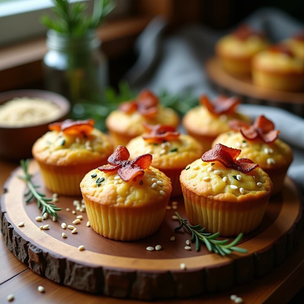 Muffins dorados y esponjosos de calabacín y queso de cabra con trocitos de tocino crujiente y semillas de sésamo tostadas, servidos en un plato rústico con fondo de madera. Receta keto para desayuno.