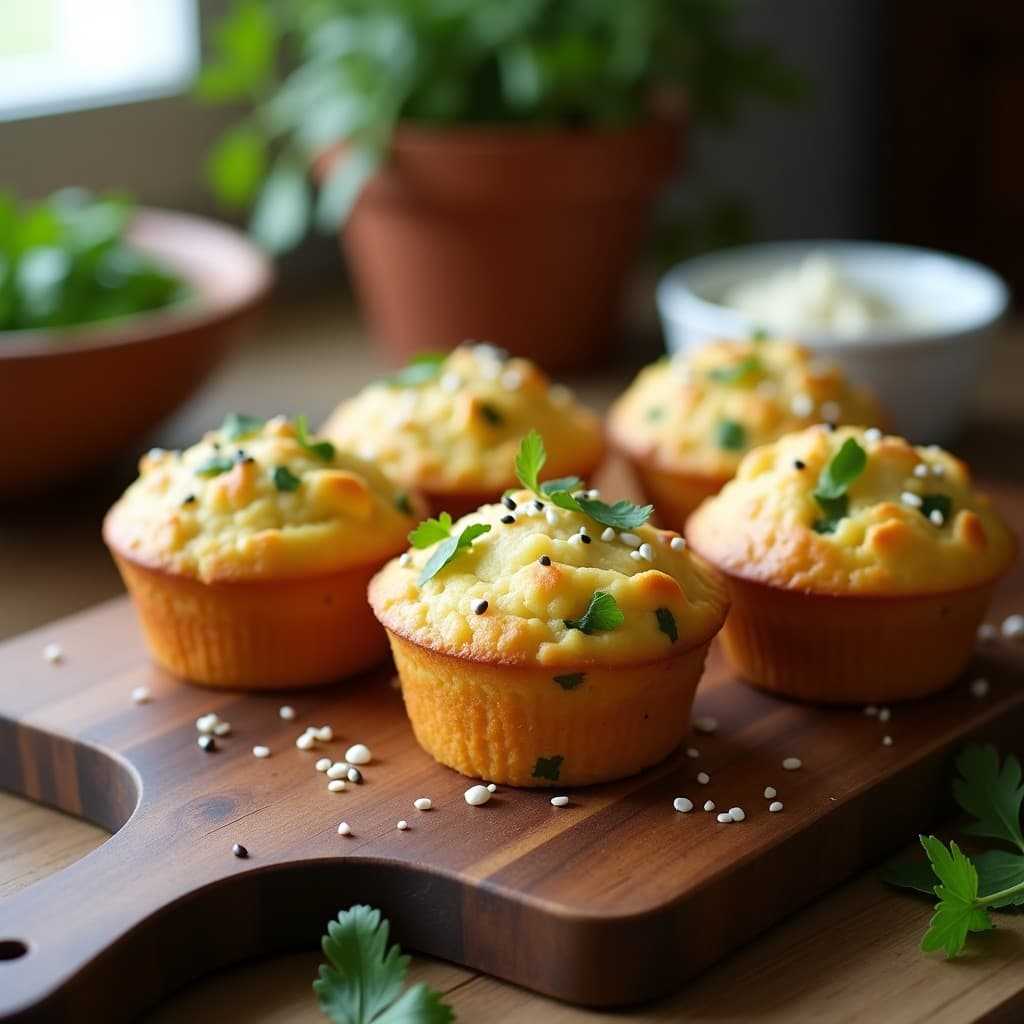 Muffins dorados de calabacín y queso feta sin harina, recién horneados en airfryer, con textura esponjosa y trozos de queso feta visibles. Servidos en una bandeja de madera con perejil fresco y semillas de sésamo espolvoreadas.