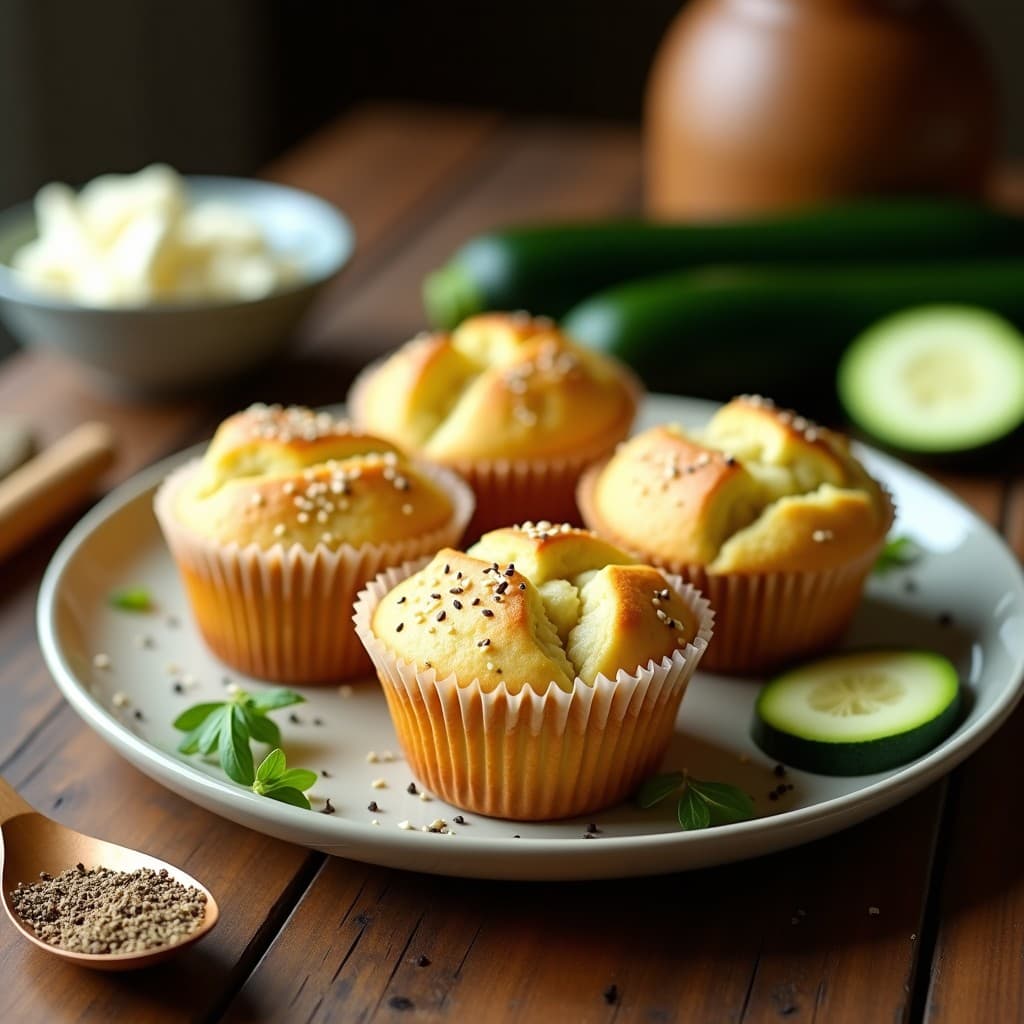 Muffins dorados de calabacín y queso feta con especias griegas, servidos en molde de papel sobre tabla de madera rústica, con semillas de sésamo y trozos de queso feta visibles.