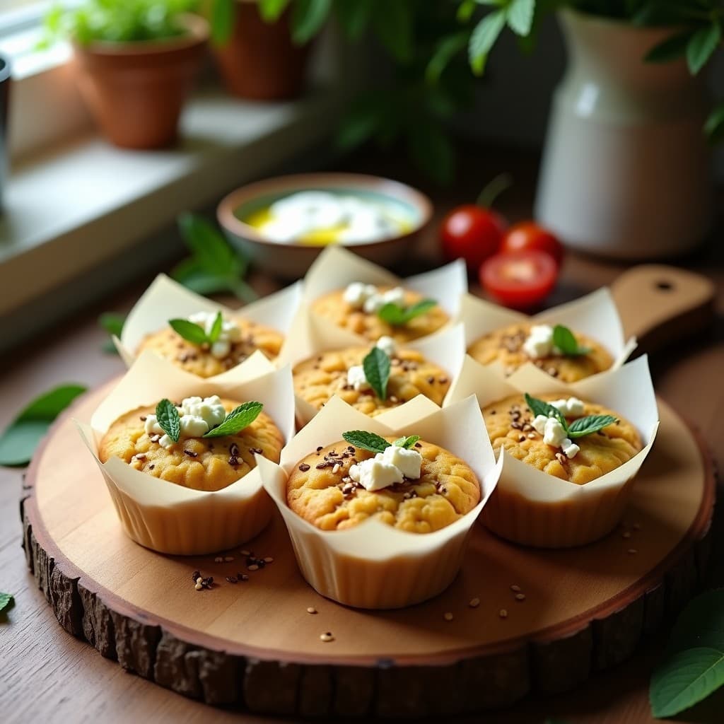 Muffins dorados de calabacín y queso feta con toque de menta fresca, servidos en molde de papel sobre tabla de madera rústica, acompañados de yogur griego y rodajas de tomate. Receta de desayuno saludable sin gluten.