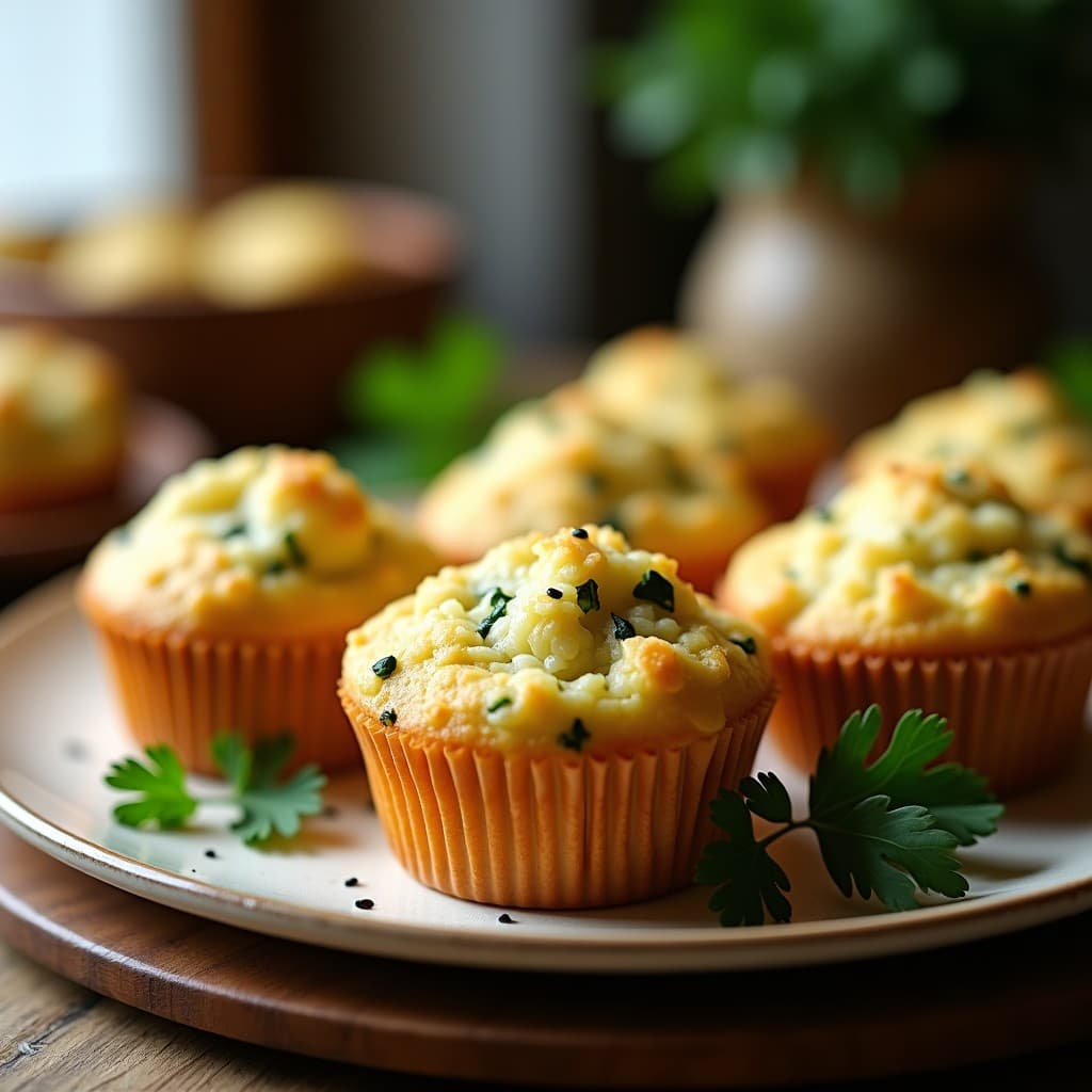 Muffins salados dorados de calabacín y queso de oveja en moldes de silicona, con textura esponjosa y semillas de amapola visibles, servidos en una bandeja de madera rústica. Receta en Airfryer para tupper.