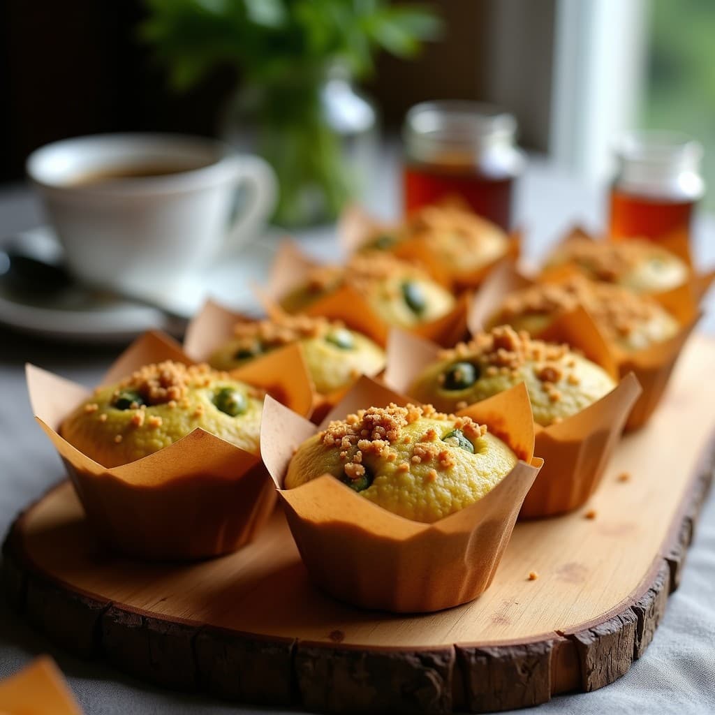 Muffins dorados de calabacín y queso de oveja con costra crujiente de speculoos, servidos en molde de papel sobre tabla de madera rústica. Desayuno belga sin harina.