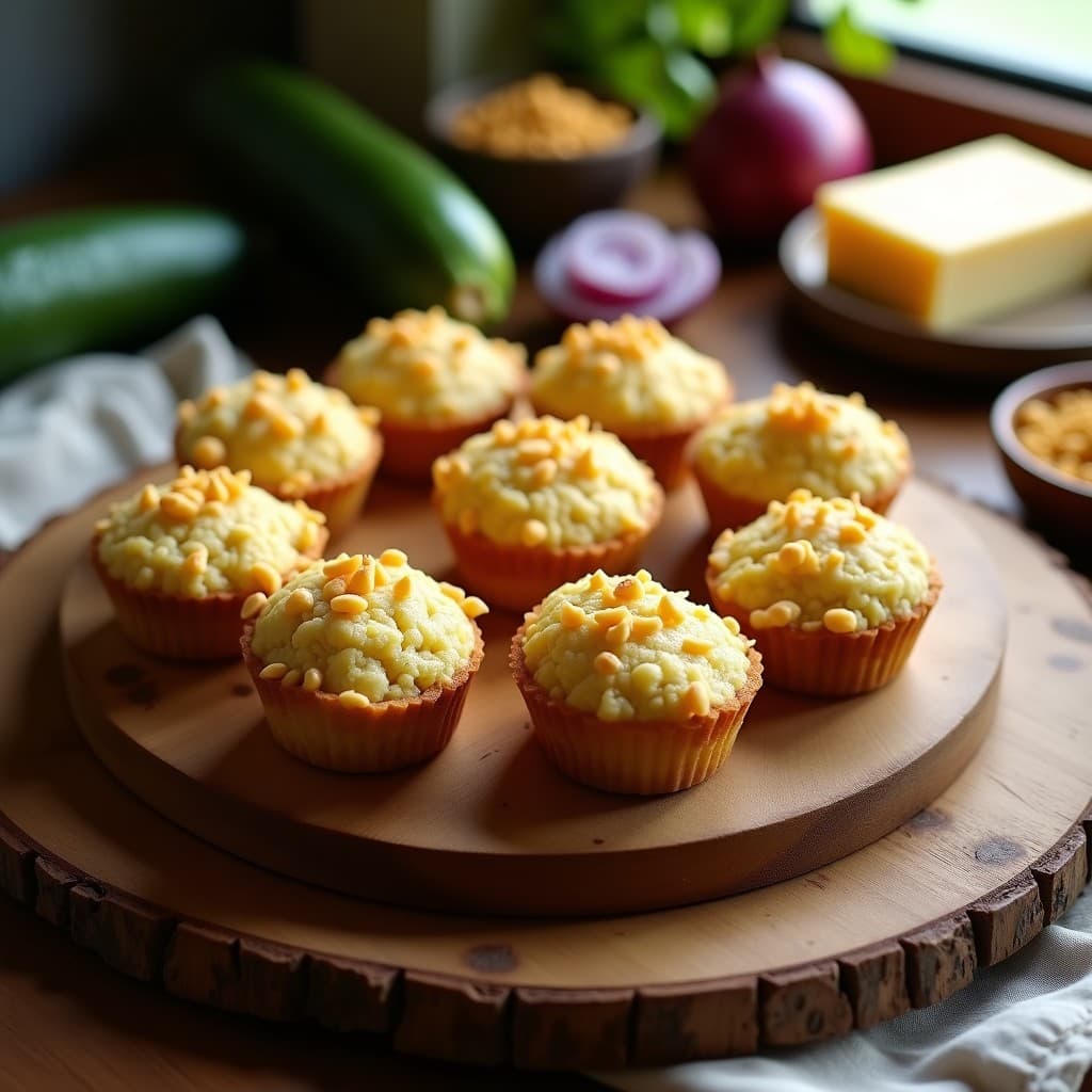 Muffins salados dorados de calabacín y queso de soja sobre una rejilla de madera, con semillas de lino visibles en la superficie. Fondos de ingredientes como calabacín, queso de soja y harina de garbanzo dispersos. Receta vegana y almacenable en tupper.