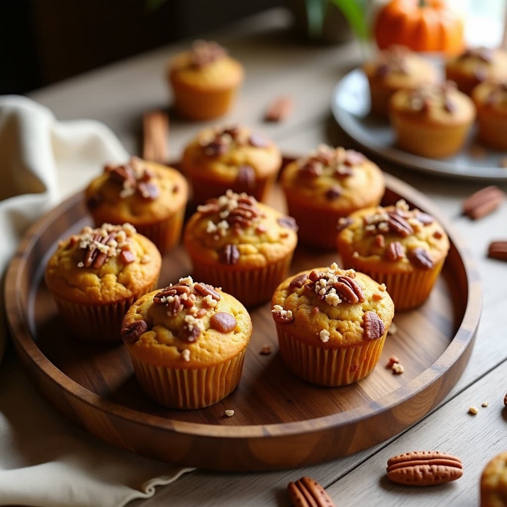 Muffins dorados de calabaza y especias con topping crujiente de nueces, servidos en capsulas de papel sobre una rejilla de enfriado rústica. Desayuno sin gluten y alto en fibra.
